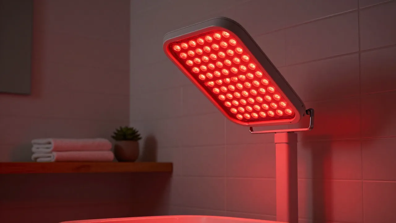 Red light therapy panel glowing crimson in modern bathroom with warm ambient lighting