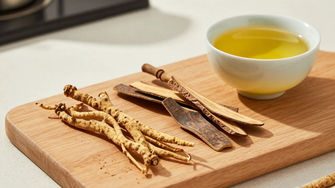 Oregon grape root, barberry bark, and goldenseal herbs on a cutting board with herbal tea