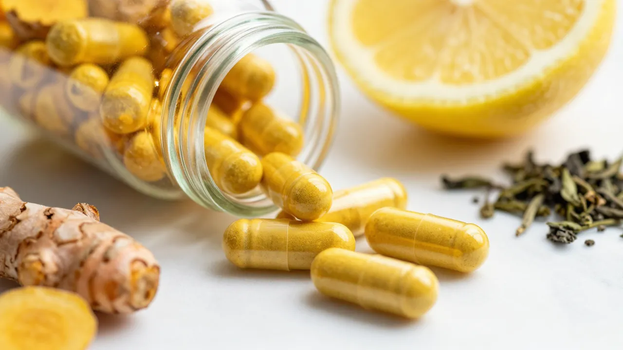 Golden berberine capsules spilling from glass jar onto white marble with lemon slices and green tea