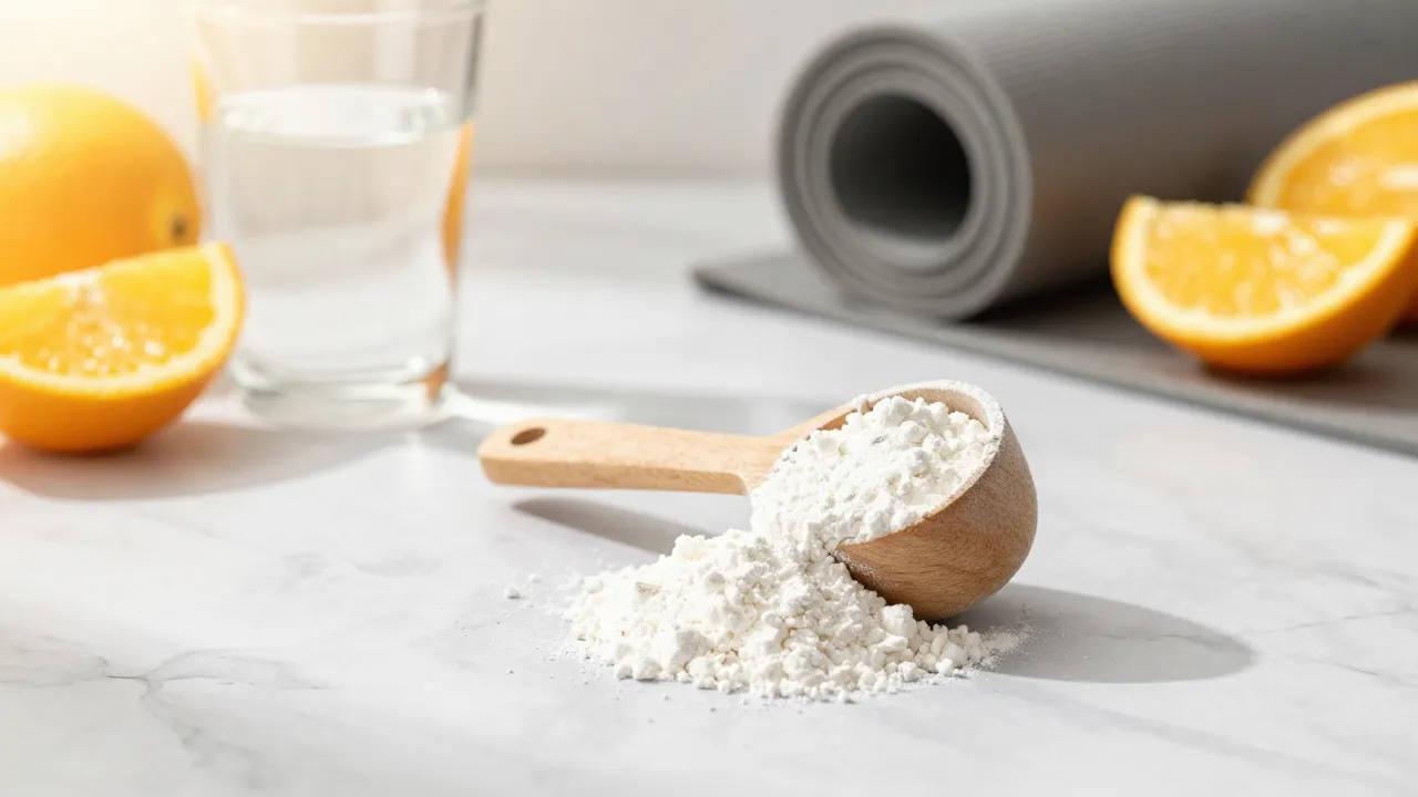 Wooden measuring scoop of creatine powder on bright kitchen counter with yoga mat in background