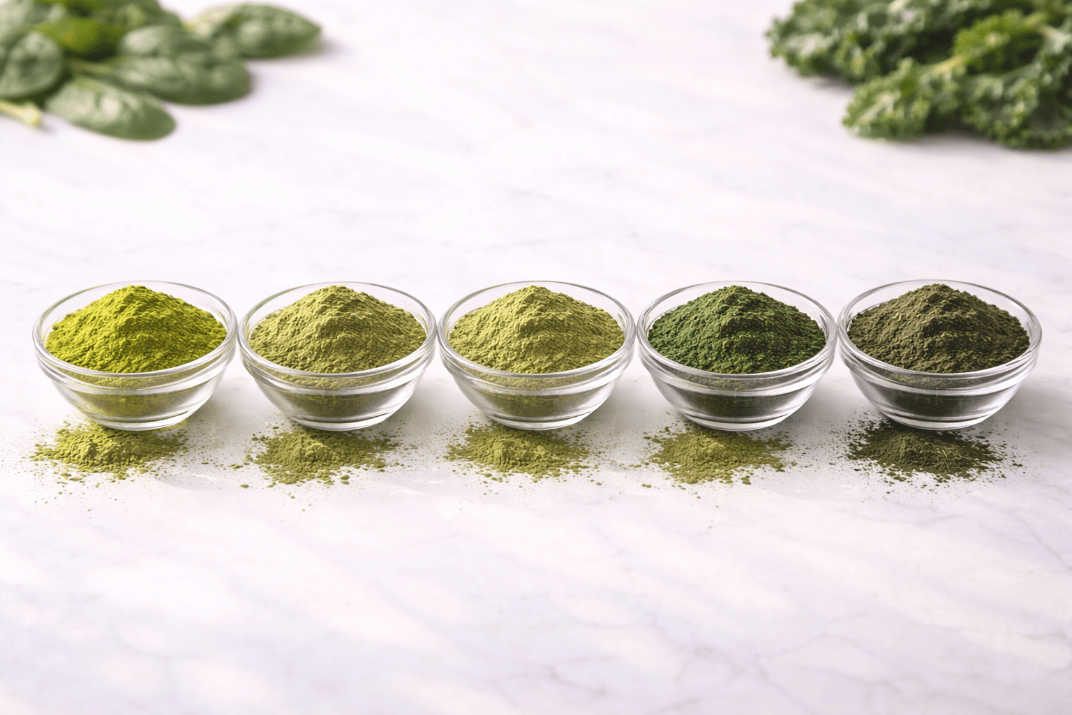 Side-by-side comparison of greens powder colors and textures