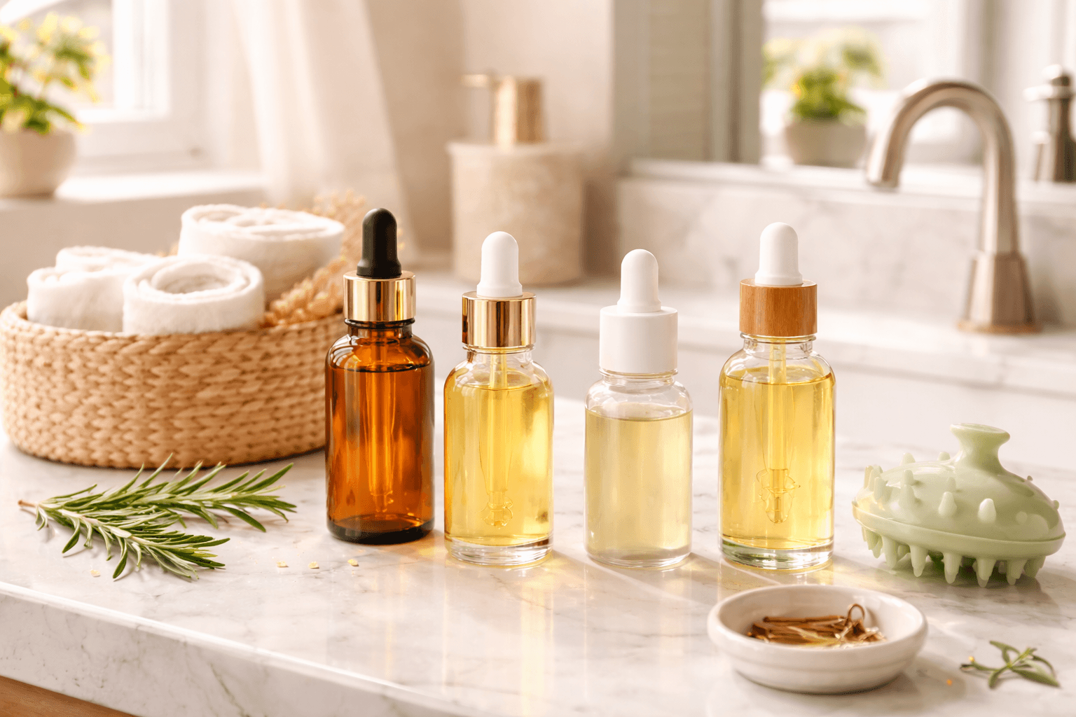 Hair growth serums and dropper bottles arranged on marble counter with rosemary sprigs