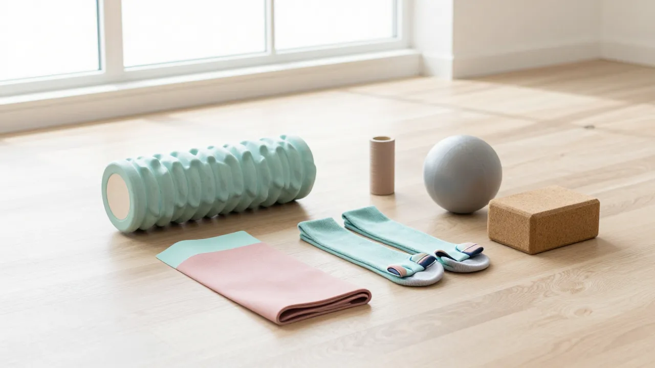 Pilates accessories on light wood studio floor — foam roller, pastel resistance bands, grip socks, and Pilates ball