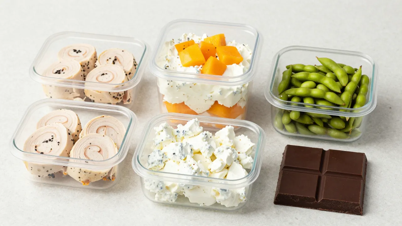 Meal prep containers with high-protein snacks: turkey rolls, cottage cheese, edamame, dark chocolate