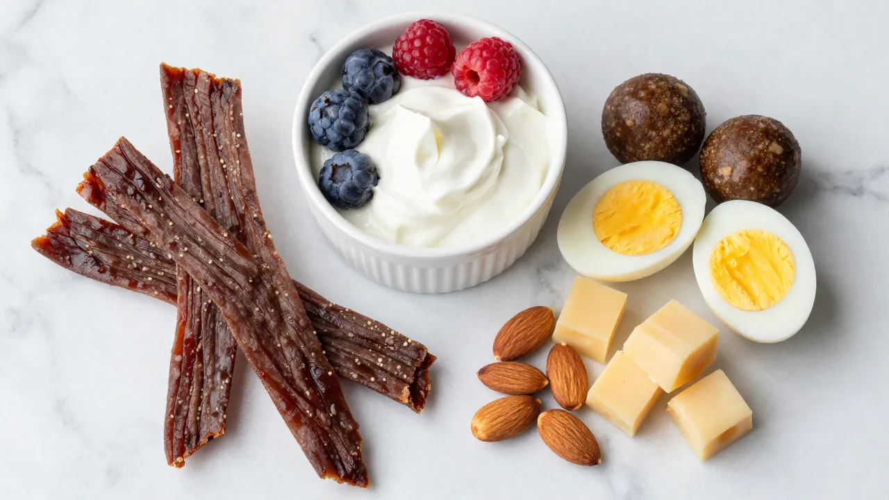 High-protein snack spread on marble: beef jerky, Greek yogurt with berries, eggs, almonds, cheese, protein balls