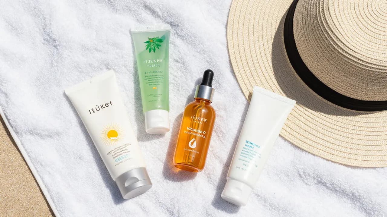 Summer skincare essentials flat lay on a beach towel with mineral sunscreen and vitamin C serum