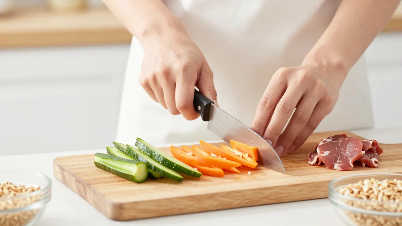 Person preparing healthy meal in bright kitchen: chopping vegetables with lean protein and grains