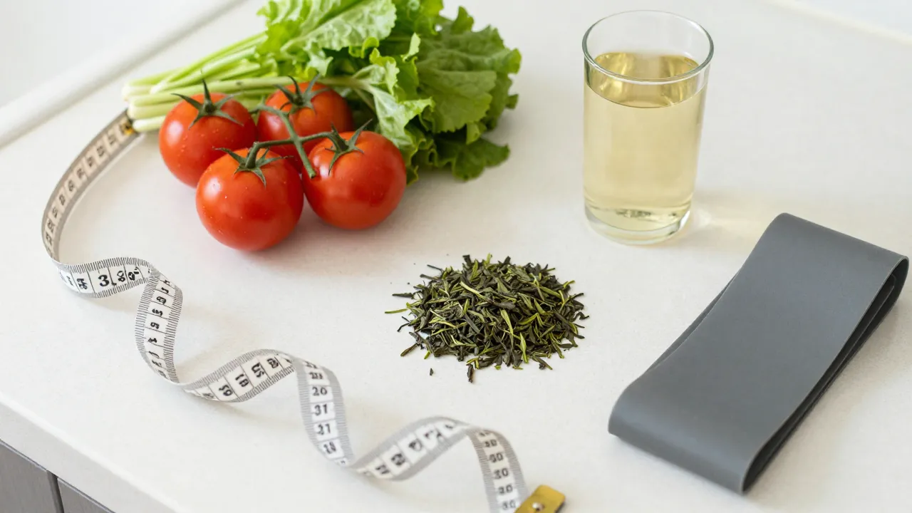 Healthy weight loss lifestyle flat-lay: measuring tape, fresh vegetables, green tea, apple cider vinegar