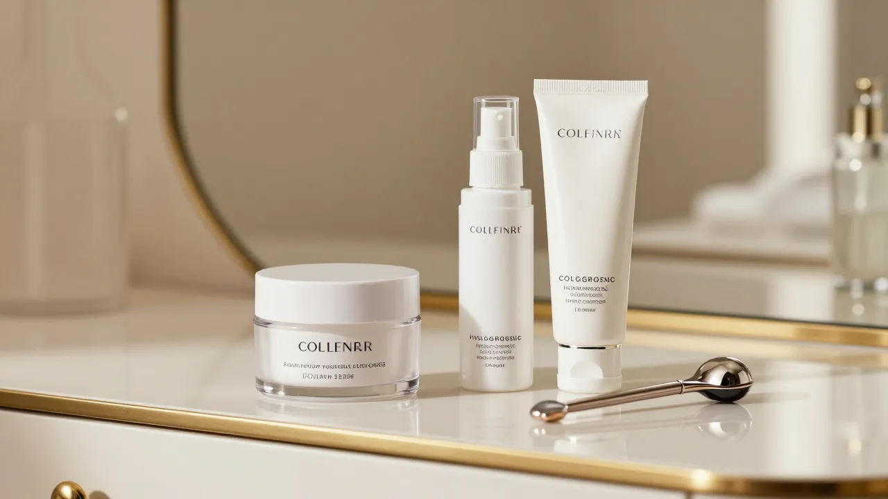 Facial volume-restoring skincare products including collagen creams and face sculpting tools on luxurious vanity