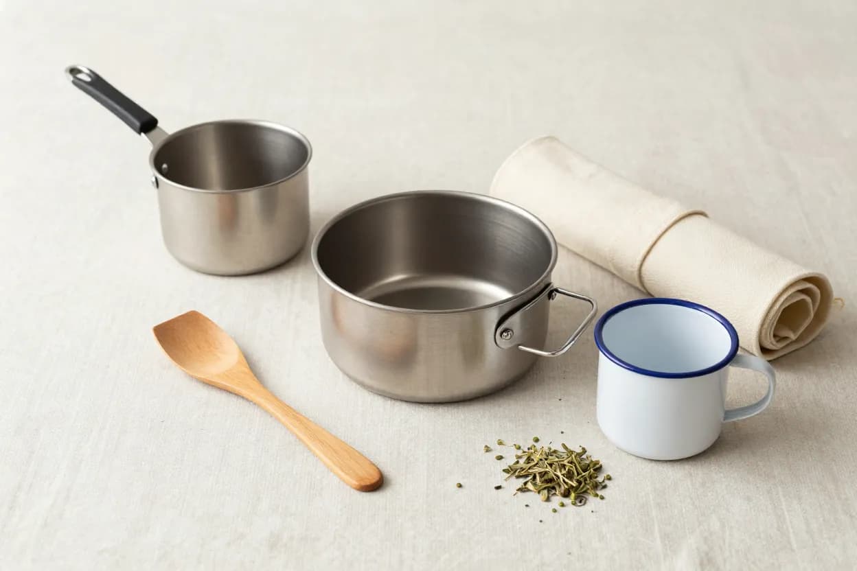 Plastic-free camping gear on pale linen — stainless steel cooking pot, wooden utensils, enamel camping mug, canvas roll-up tool pouch, dried herbs
