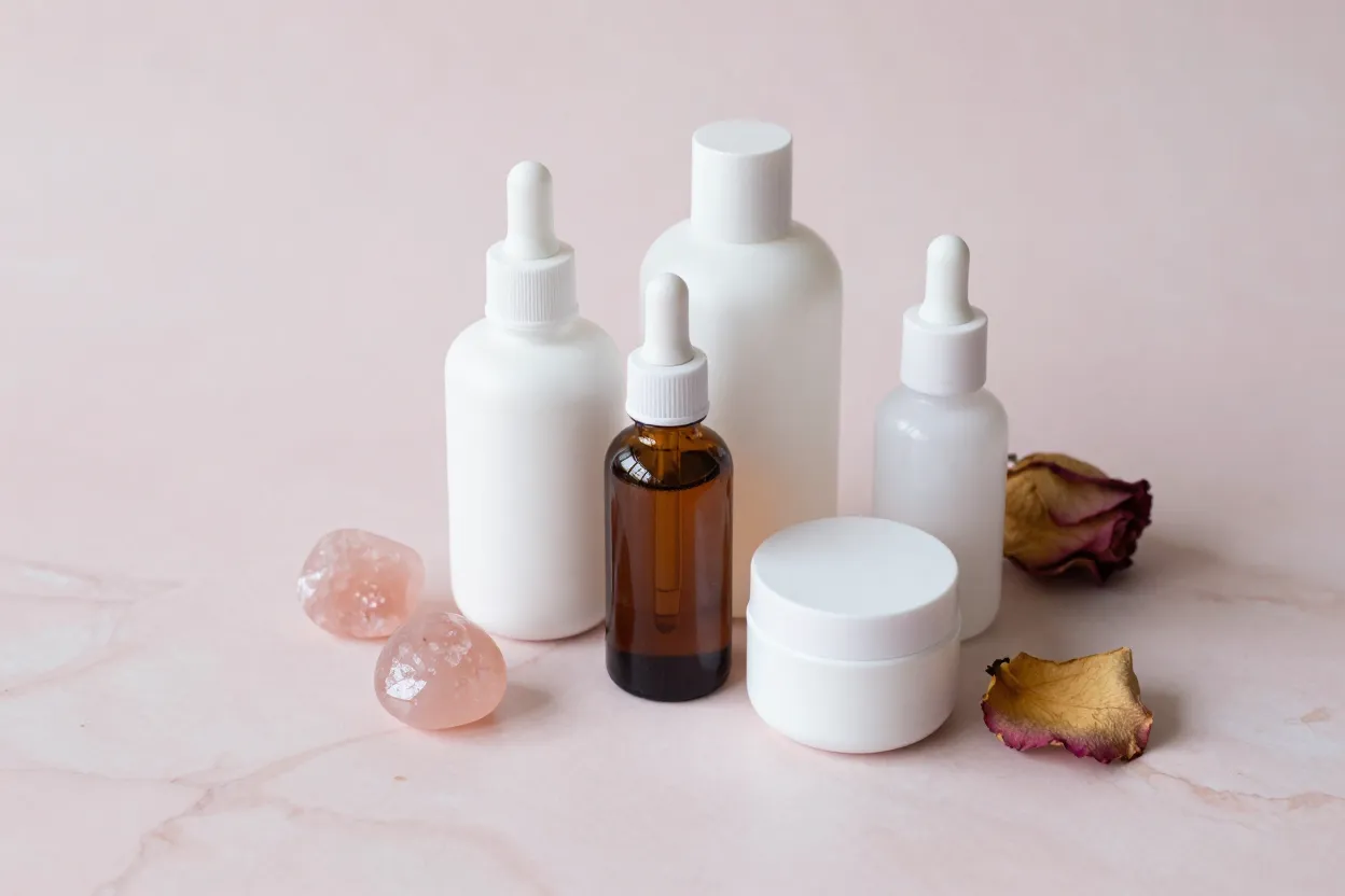 French-pharmacy dermatology editorial flat-lay on blush marble — unbranded white bottles, amber glass serum dropper, rose quartz accents in soft morning light